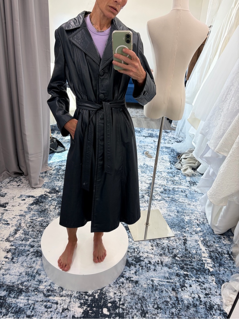 Vintage Navy Leather Belted Trench Coat Long Minimalist - Picture 2 of 10